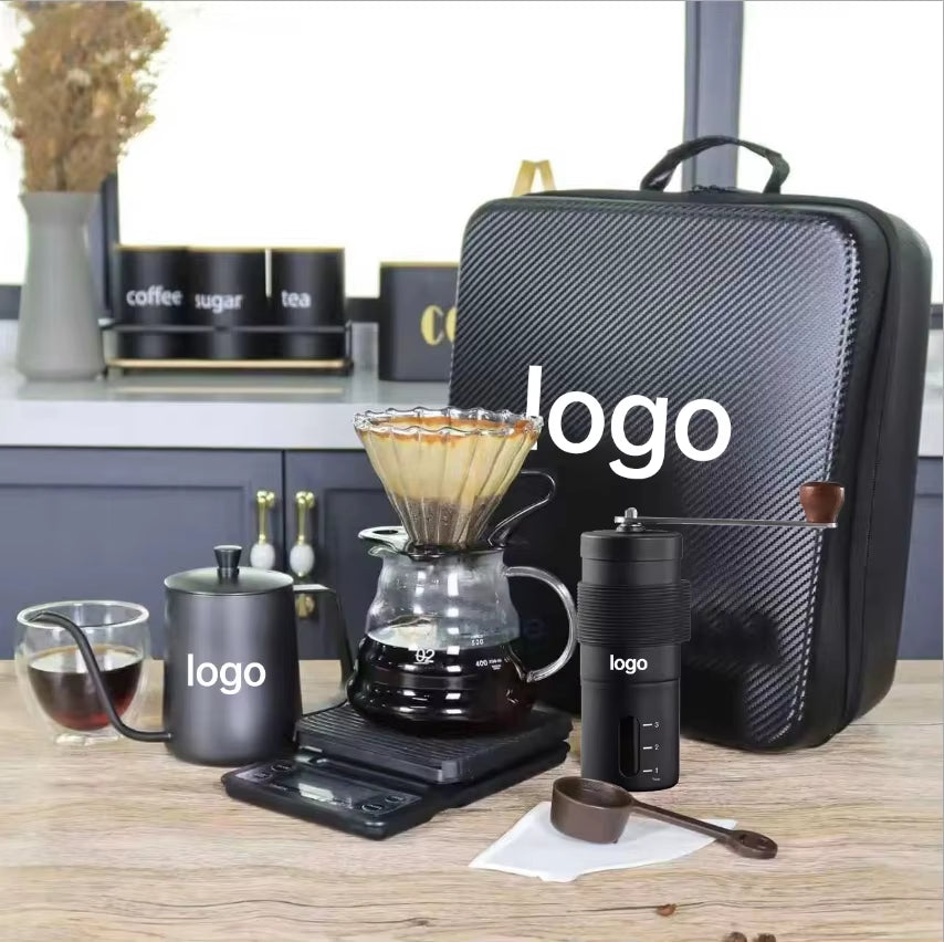 600 Ml OEM 11-13 Piece Coffee Kit Pour over Set Kettle Digital Scale Glass Server Manual Grinder Travel Coffee Set for Gift