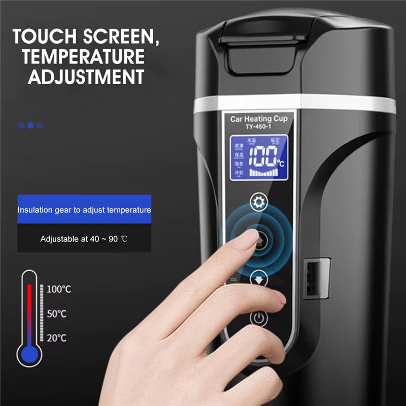 350ML Electric Heated Travel Mug with Real-Time Temperature Display, 12/24V Stainless Steel Coffee Kettle