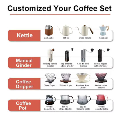 600 Ml OEM 11-13 Piece Coffee Kit Pour over Set Kettle Digital Scale Glass Server Manual Grinder Travel Coffee Set for Gift