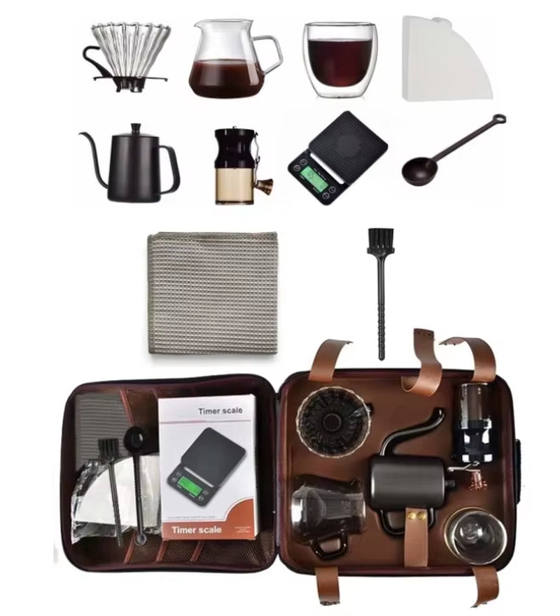 600 Ml OEM 11-13 Piece Coffee Kit Pour over Set Kettle Digital Scale Glass Server Manual Grinder Travel Coffee Set for Gift