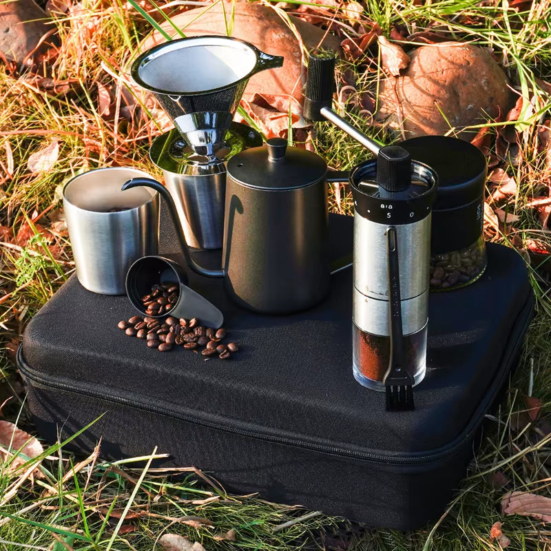 8PCS Portable Pour over Coffee Maker Kit Travel Camping Gift Box Set Stainless Steel Components Ideal for Coffee Lovers Outdoor