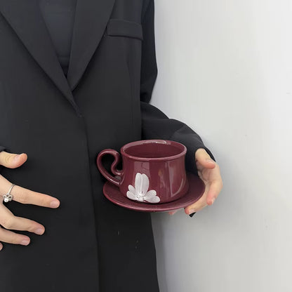 Bloomsip Nordic Burgundy Floral Porcelain Food Grade Coffee Mugs Saucer Set Gift Box Reusable Heart Handle Wholesale Custom Logo