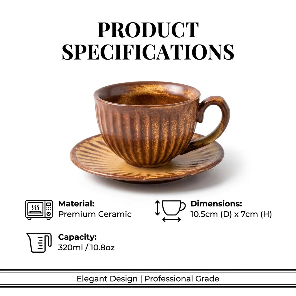 Bloomsip Vintage Gold Reactive Glaze Ceramic Food Grade Coffee Mugs Saucer Set Sunburst Ribbed Tea Cup Wholesale Custom Logo Tea