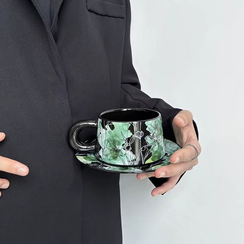Bloomsip Vintage Green Floral Porcelain Food Grade Coffee Cup Saucer Set Botanical Pattern Black Tea Wholesale Custom Logo OEM