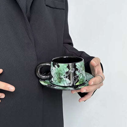 Bloomsip Vintage Green Floral Porcelain Food Grade Coffee Cup Saucer Set Botanical Pattern Black Tea Wholesale Custom Logo OEM