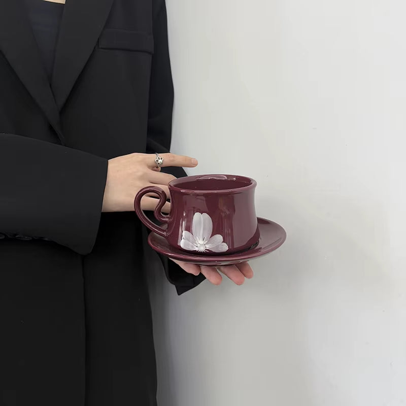 Bloomsip Nordic Burgundy Floral Porcelain Food Grade Coffee Mugs Saucer Set Gift Box Reusable Heart Handle Wholesale Custom Logo