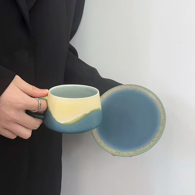 Bloomsip Nordic Porcelain 250ml Coffee Mug and Saucer Set with Blue Reactive Glaze - Food Grade Espresso and Tea Supplies, Wholesale