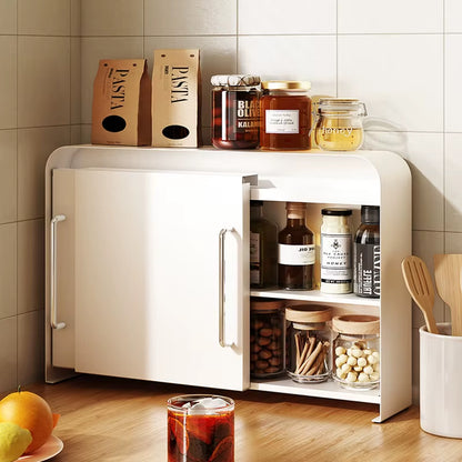 Double-Layer Metal Kitchen Organizer Rack for Tableware and Spices with Side Pull Door Storage