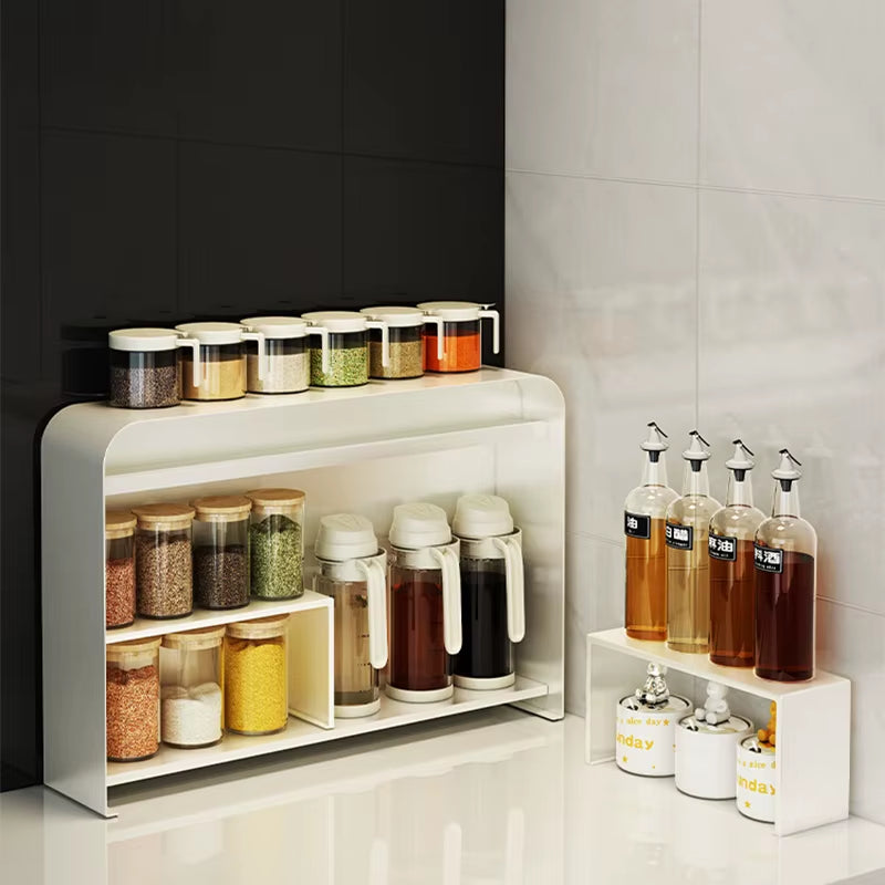Double-Layer Metal Kitchen Organizer Rack for Tableware and Spices with Side Pull Door Storage