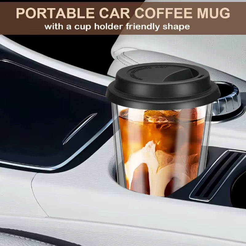 Double Wall Heat-Resistant Glass Coffee Cup with Black Silicone Leak-Proof Lid, Ideal for Car Cup Holders