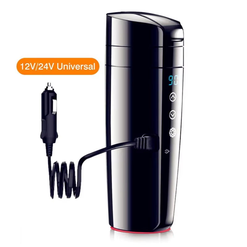 350ML Electric Heated Travel Mug with Real-Time Temperature Display, 12/24V Stainless Steel Coffee Kettle