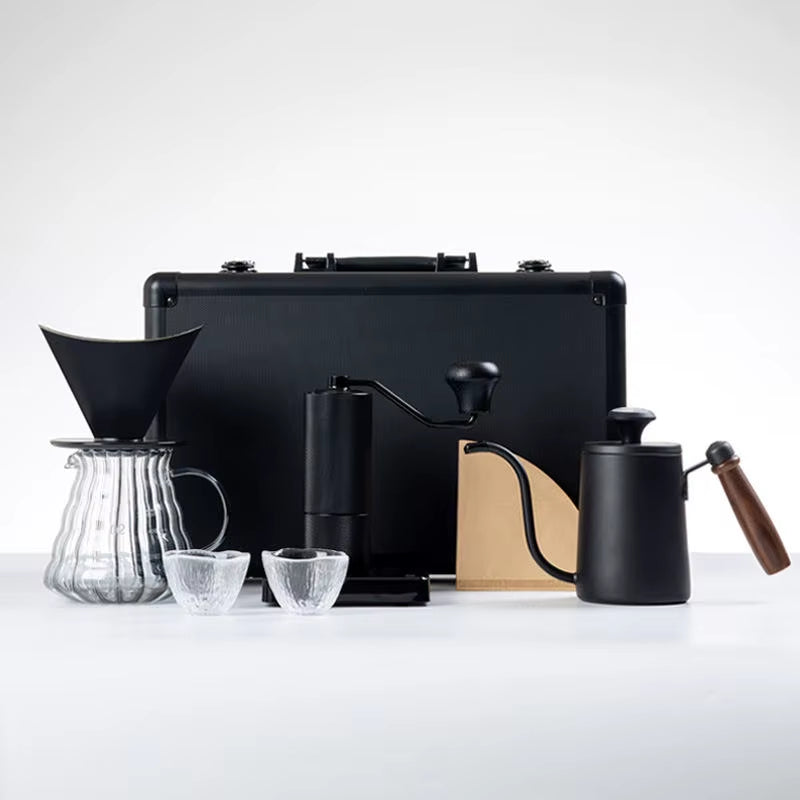 Premium Hand Pour Over Coffee Maker Set with Grinder and Portable Aluminum Travel Case - Minimalist Design