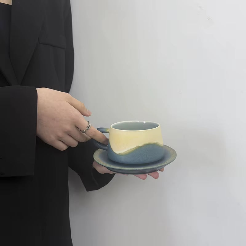 Bloomsip Nordic Porcelain 250ml Coffee Mug and Saucer Set with Blue Reactive Glaze - Food Grade Espresso and Tea Supplies, Wholesale