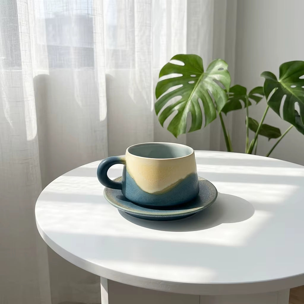 Bloomsip Nordic Porcelain 250ml Coffee Mug and Saucer Set with Blue Reactive Glaze - Food Grade Espresso and Tea Supplies, Wholesale