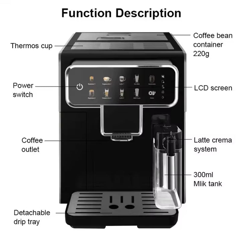 15 Bar Super Automatic Espresso Machine, 120V Smart Coffee Maker with Grinder & Milk Frother, Touch Screen, 1.5L Tank, Silver
