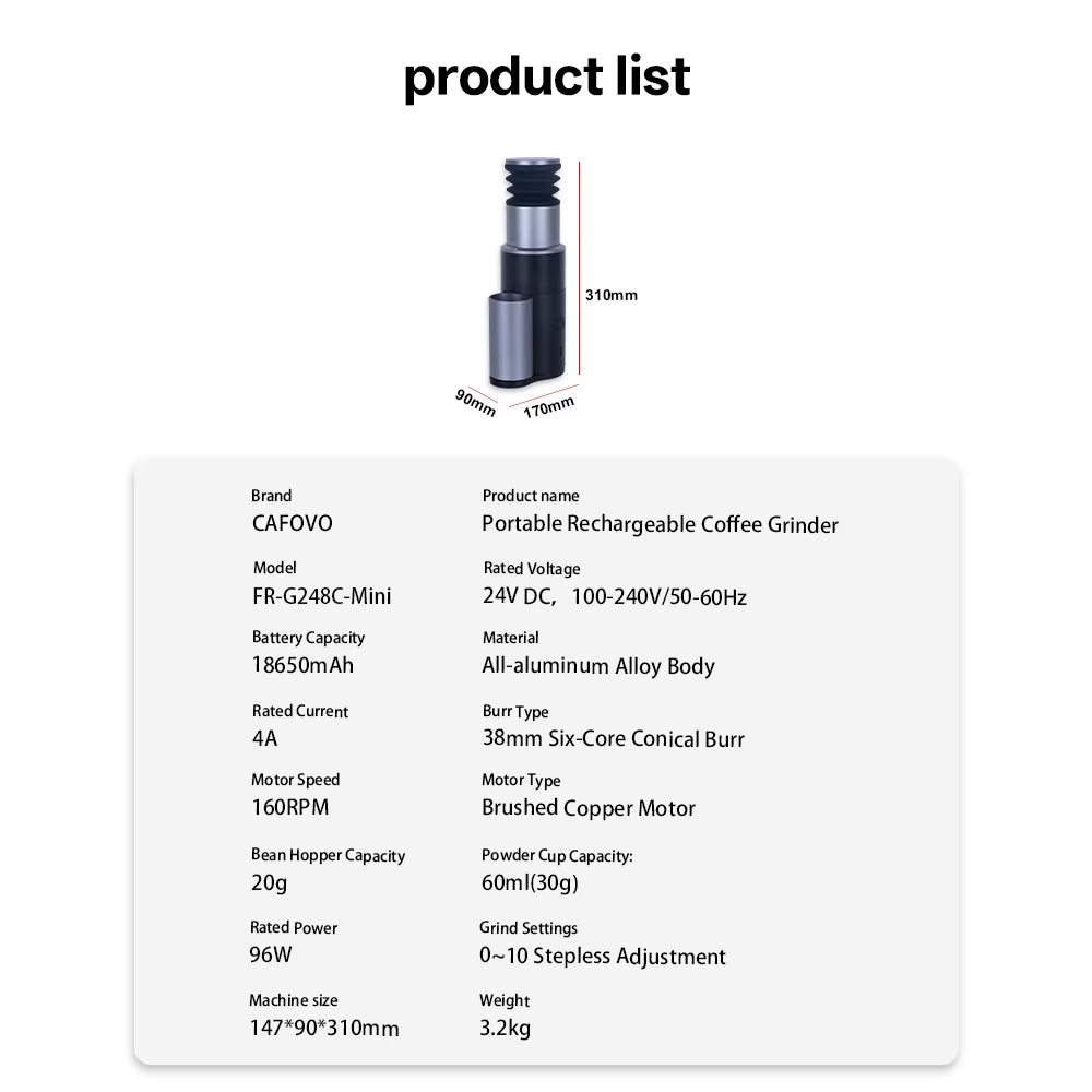 Portable Rechargeable 38mm Conical Burr Coffee Grinder with USB Type-C Charging for Espresso and Pour-Over Coffee