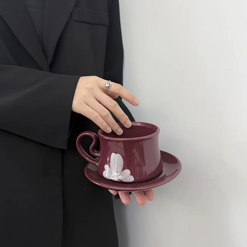 Bloomsip Nordic Burgundy Floral Porcelain Food Grade Coffee Mugs Saucer Set Gift Box Reusable Heart Handle Wholesale Custom Logo
