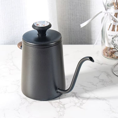 350Ml Short Wooden Handle Double Wall Stainless Steel Coffee Kettle with Thermometer Pour over Gooseneck Kettle Coffee Kettle