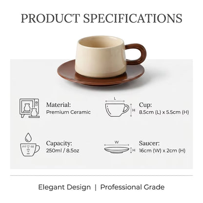 Wholesale Nordic Food Grade Ceramic Coffee Cups Saucer Set 250Ml Porcelain Beige Striped Pattern Dishwasher Microwave Safe Gift