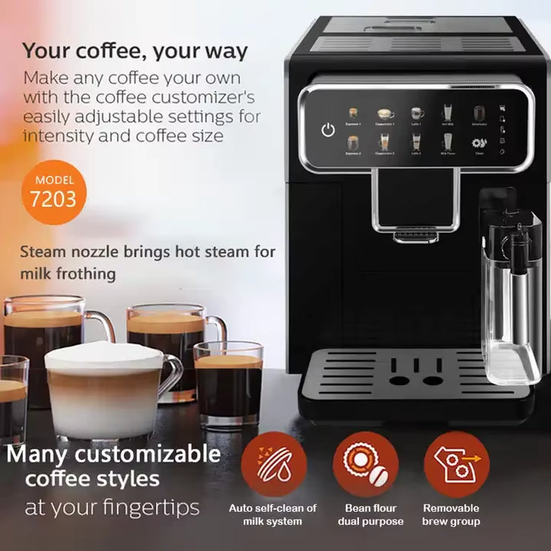15 Bar Super Automatic Espresso Machine, 120V Smart Coffee Maker with Grinder & Milk Frother, Touch Screen, 1.5L Tank, Silver
