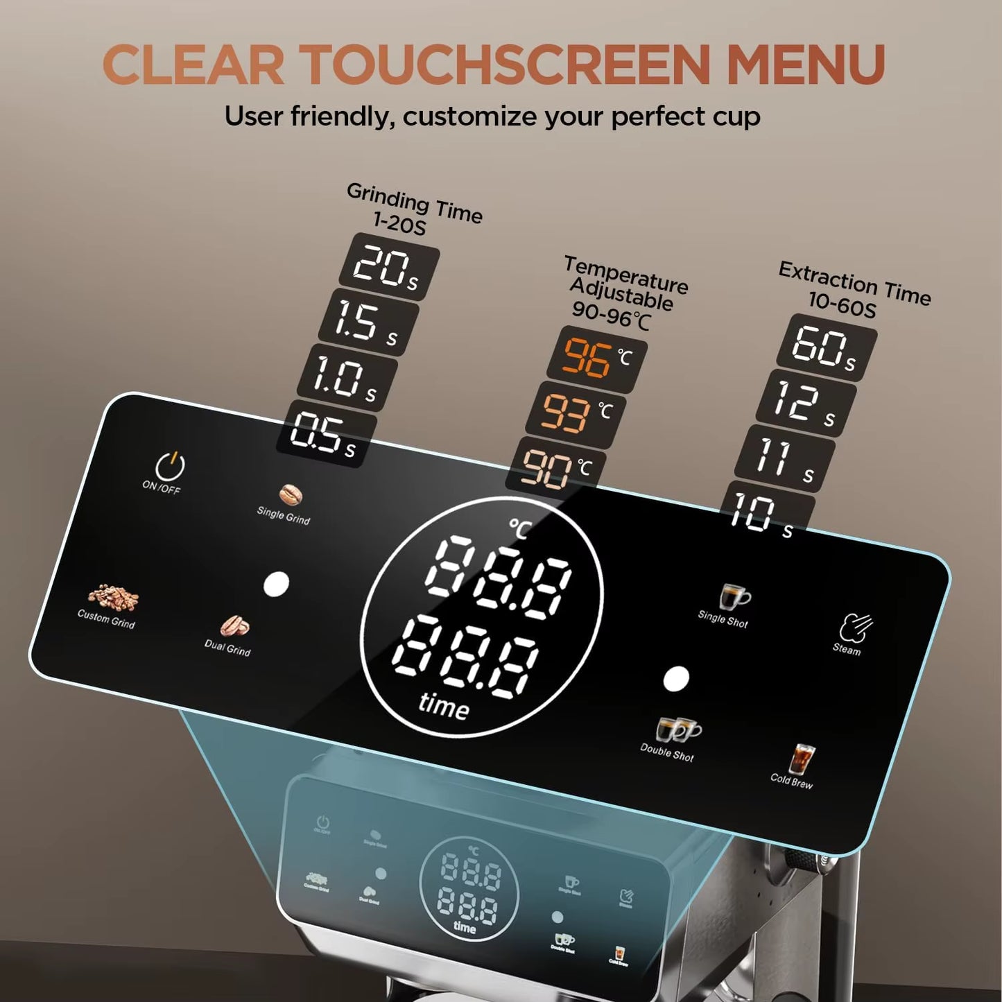 CAFELFFE MK-903 Espresso Machine with Integrated Grinder, Milk Frother, Cold Extraction, Touchscreen Control, 1500W - Ideal for Home and Office Use