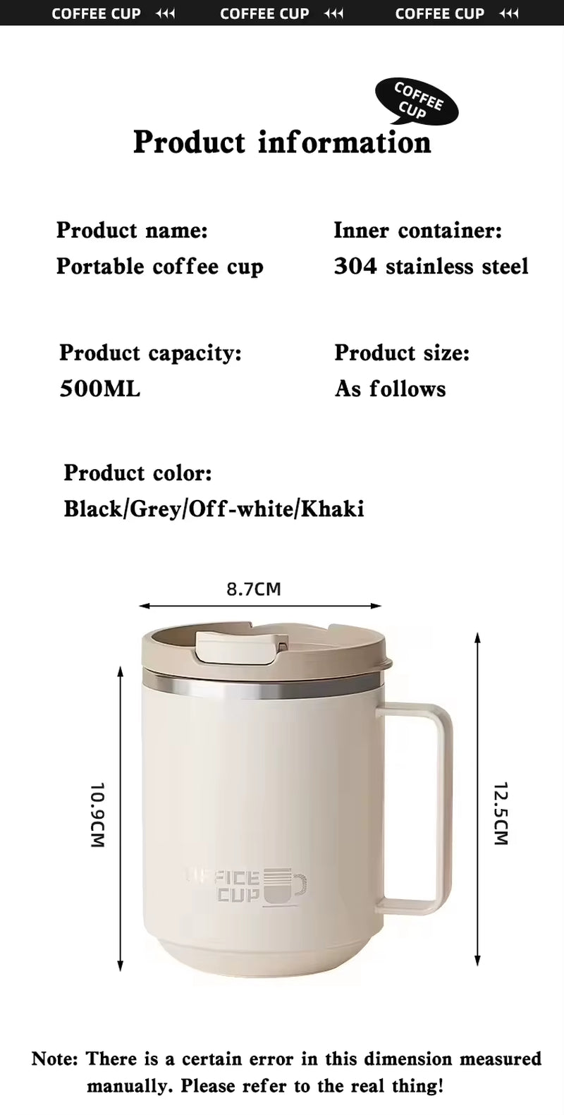 Insulated 500ml Stainless Steel Travel Mug with Lid - Vacuum-Sealed Coffee Cup