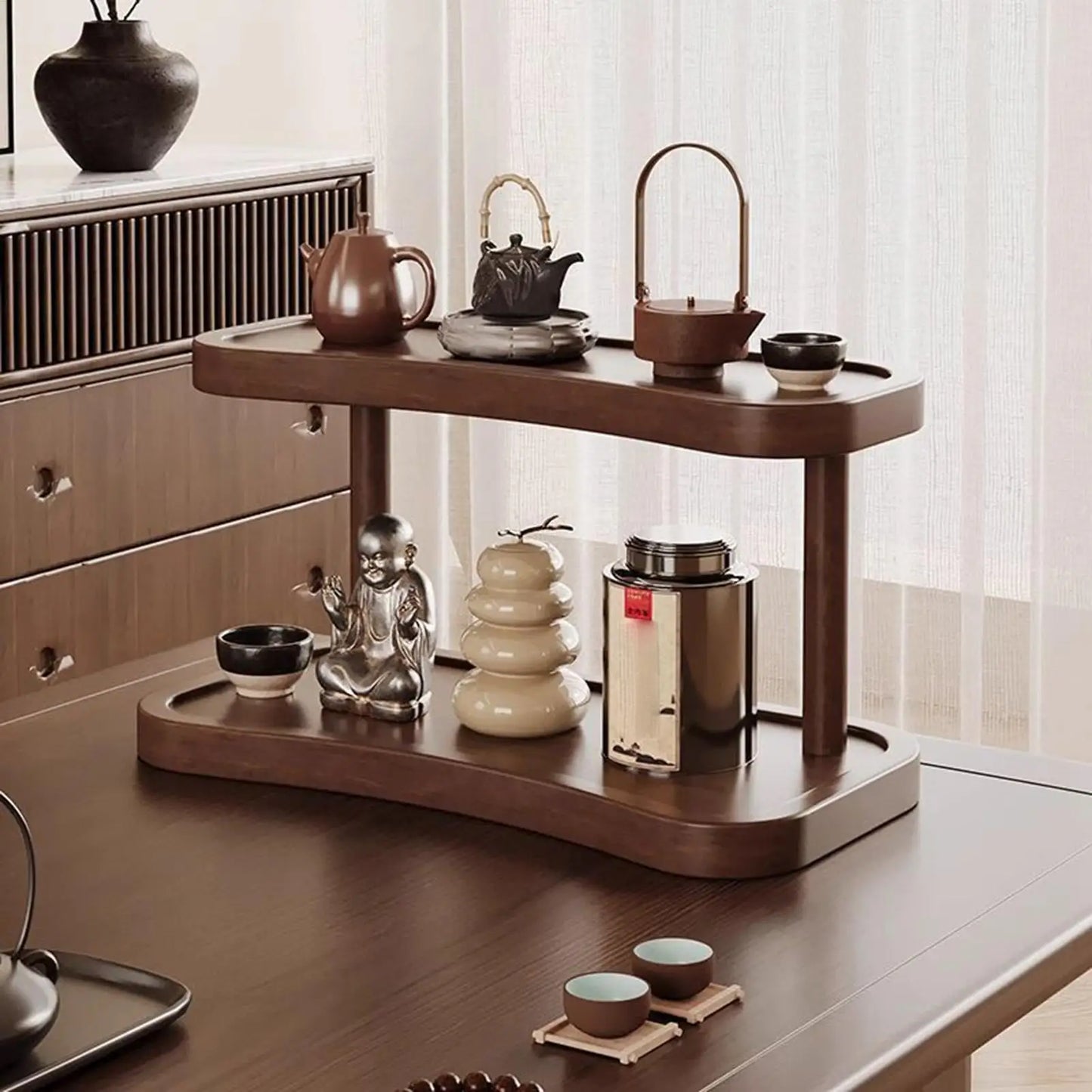 2-Tier Wooden Desktop Organizer for Cosmetics, Beverage Mugs, and Fragrance Display