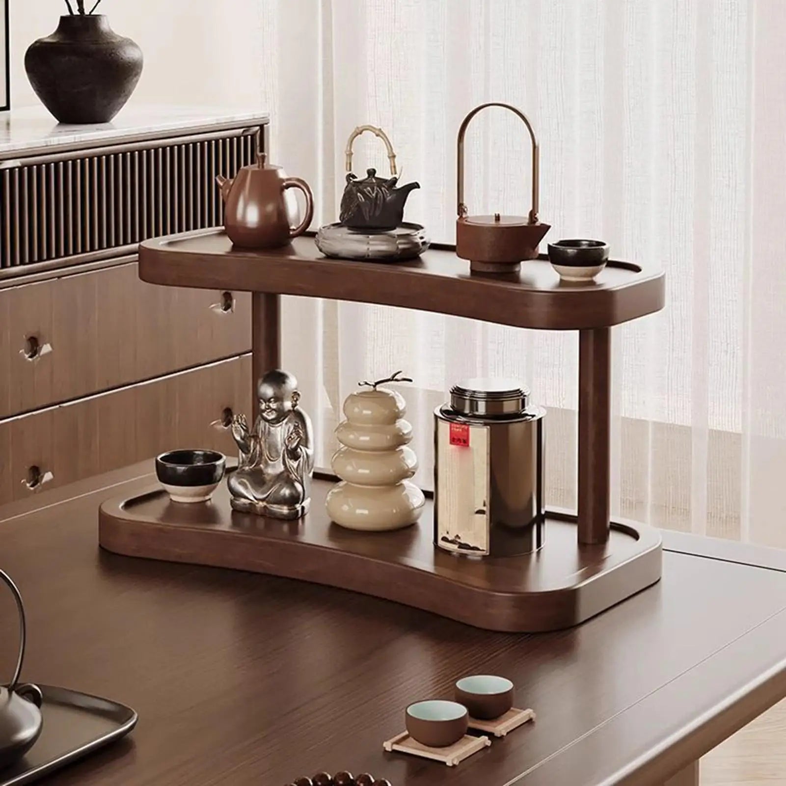 2-Tier Wooden Desktop Organizer for Cosmetics, Beverage Mugs, and Fragrance Display