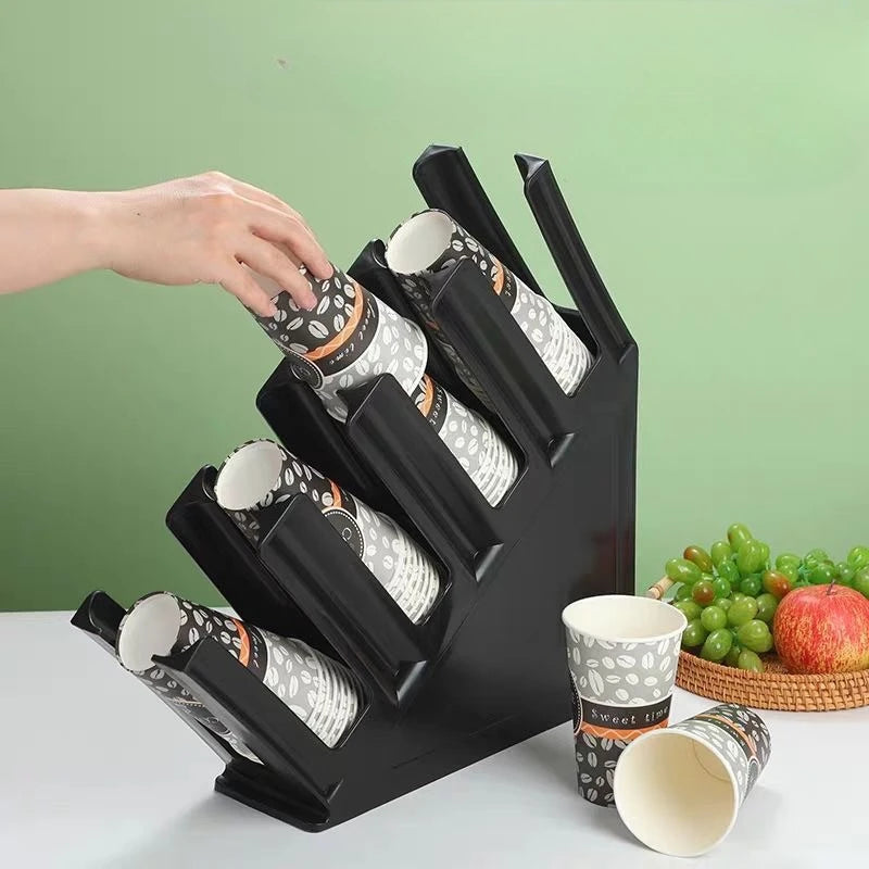 WOOJACK 4-Grid Slanted Cup Holder for Countertops - Versatile Dispenser and Lid Storage Rack for Coffee, Milk, and Tea Shops, Suitable for Home and Commercial Use