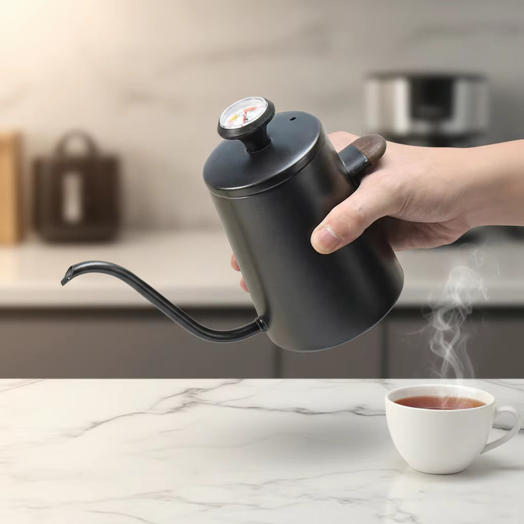 350Ml Short Wooden Handle Double Wall Stainless Steel Coffee Kettle with Thermometer Pour over Gooseneck Kettle Coffee Kettle