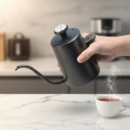 350Ml Short Wooden Handle Double Wall Stainless Steel Coffee Kettle with Thermometer Pour over Gooseneck Kettle Coffee Kettle
