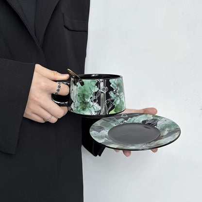 Bloomsip Vintage Green Floral Porcelain Food Grade Coffee Cup Saucer Set Botanical Pattern Black Tea Wholesale Custom Logo OEM