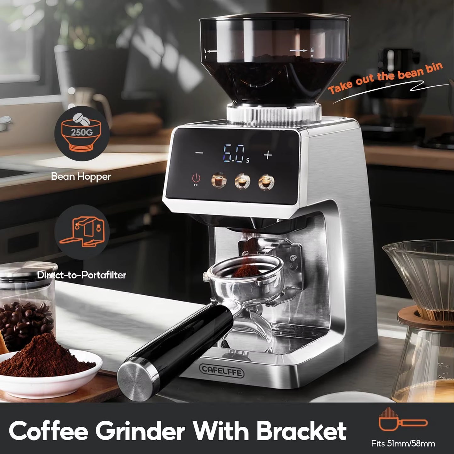 Electric Portable Coffee Grinder with Stainless Steel Burrs, 51mm/58mm, Electronic Timer, 250g Capacity
