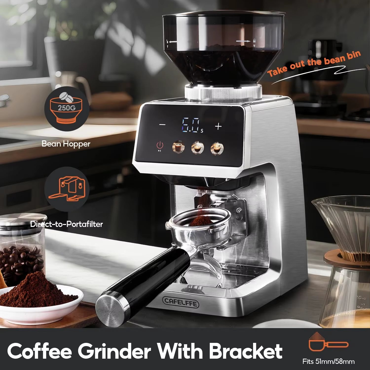 Electric Portable Coffee Grinder with Stainless Steel Burrs, 51mm/58mm, Electronic Timer, 250g Capacity