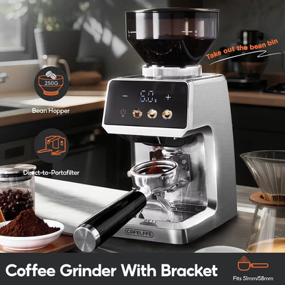 Electric Portable Coffee Grinder with Stainless Steel Burrs, 51mm/58mm, Electronic Timer, 250g Capacity