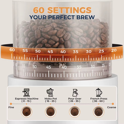 Wireless Rechargeable Burr Coffee Grinder with 60 Adjustable Settings, Portable Electric Bean Mill, Anti-Static Low Residue Design