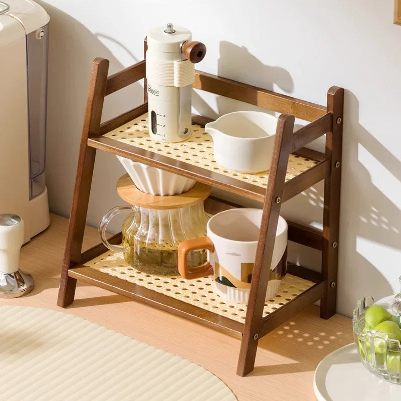 2-Tier Bamboo Countertop Organizer for Coffee Cups - Elegant Storage Solution for Hospitality, Residential, and Culinary Spaces