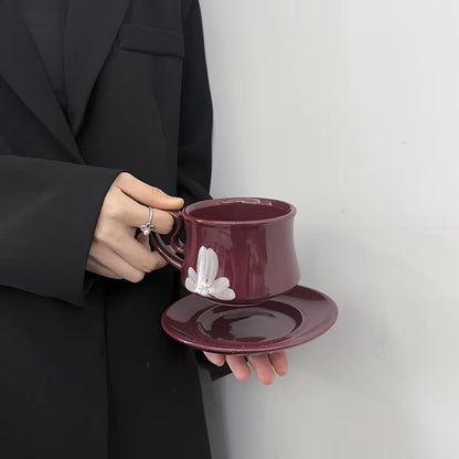 Bloomsip Nordic Burgundy Floral Porcelain Food Grade Coffee Mugs Saucer Set Gift Box Reusable Heart Handle Wholesale Custom Logo