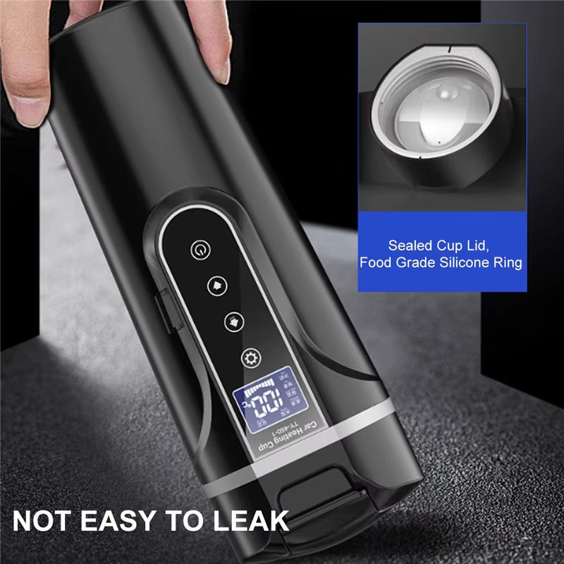 350ML Electric Heated Travel Mug with Real-Time Temperature Display, 12/24V Stainless Steel Coffee Kettle