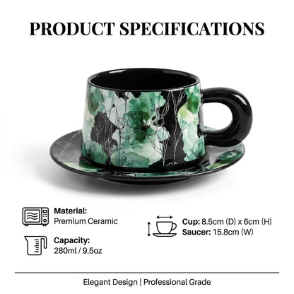Bloomsip Vintage Green Floral Porcelain Food Grade Coffee Cup Saucer Set Botanical Pattern Black Tea Wholesale Custom Logo OEM