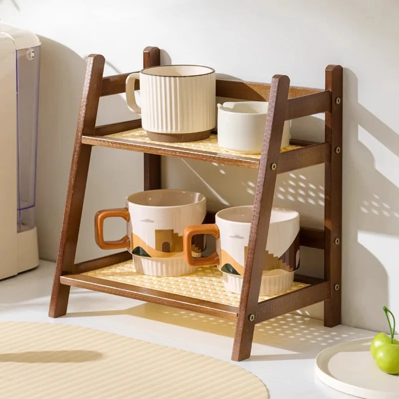 2-Tier Bamboo Countertop Organizer for Coffee Cups - Elegant Storage Solution for Hospitality, Residential, and Culinary Spaces