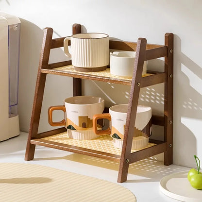 2-Tier Bamboo Countertop Organizer for Coffee Cups - Elegant Storage Solution for Hospitality, Residential, and Culinary Spaces