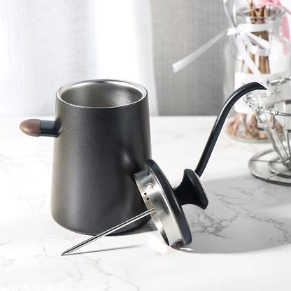 350Ml Short Wooden Handle Double Wall Stainless Steel Coffee Kettle with Thermometer Pour over Gooseneck Kettle Coffee Kettle