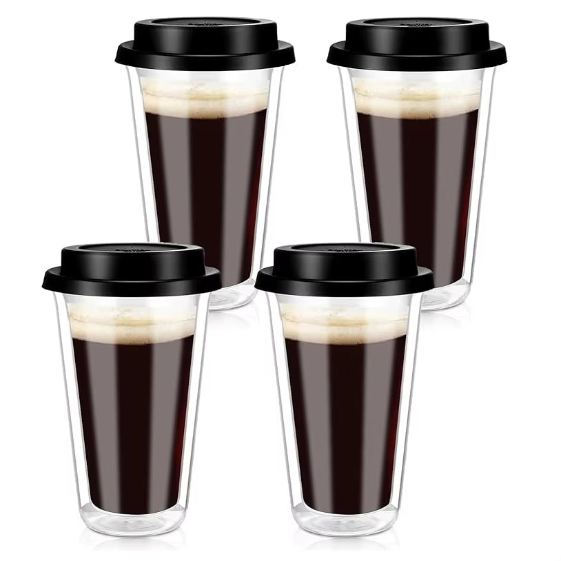 Double Wall Heat-Resistant Glass Coffee Cup with Black Silicone Leak-Proof Lid, Ideal for Car Cup Holders
