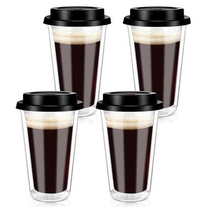 Double Wall Heat-Resistant Glass Coffee Cup with Black Silicone Leak-Proof Lid, Ideal for Car Cup Holders
