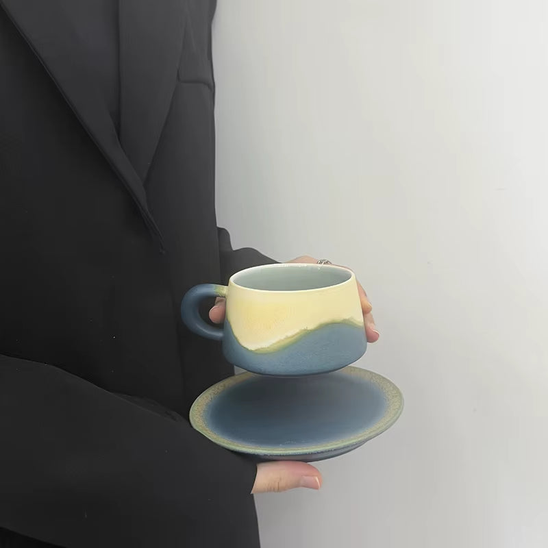 Bloomsip Nordic Porcelain 250ml Coffee Mug and Saucer Set with Blue Reactive Glaze - Food Grade Espresso and Tea Supplies, Wholesale