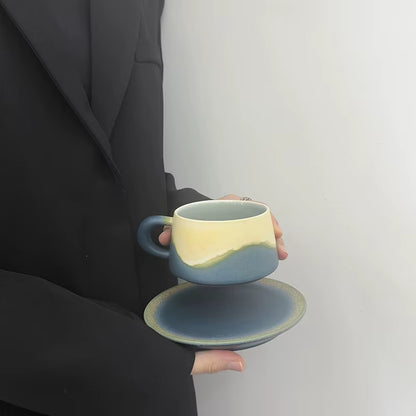 Bloomsip Nordic Porcelain 250ml Coffee Mug and Saucer Set with Blue Reactive Glaze - Food Grade Espresso and Tea Supplies, Wholesale