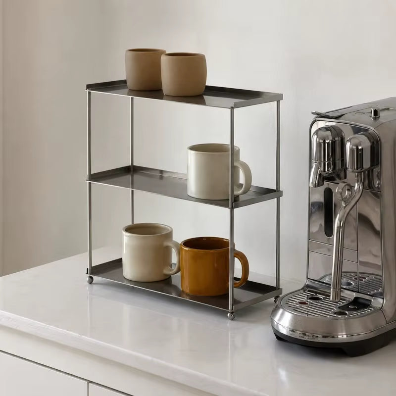 Contemporary Stainless Steel 3-Tier Coffee Mug Rack - Durable Countertop Cup Storage Shelf for Kitchen and Coffee Bar (38x14x33 cm)