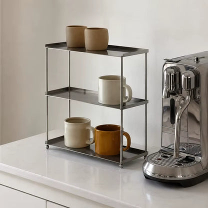 Contemporary Stainless Steel 3-Tier Coffee Mug Rack - Durable Countertop Cup Storage Shelf for Kitchen and Coffee Bar (38x14x33 cm)
