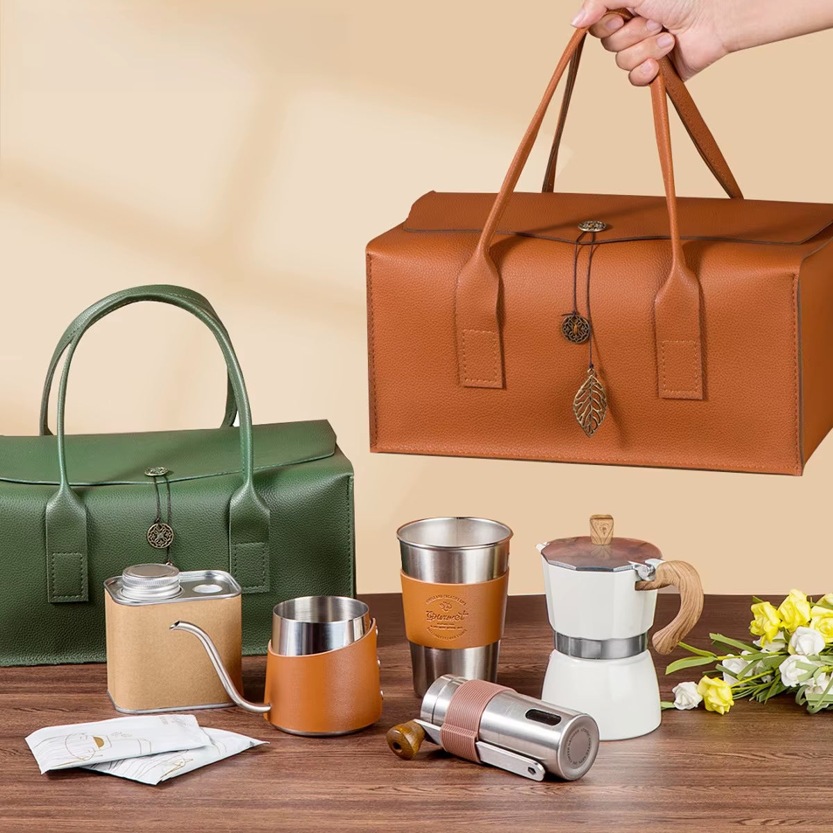 Vintage Style Coffee Grinder Gift Set Hand Drip Moka Pot Outdoor Travel Coffee Cup 304 Stainless Steel Customizable Gift Box